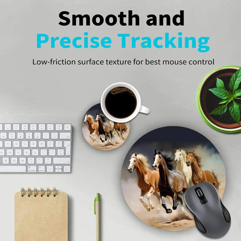 Round Mouse Pad with Coasters Set, Non-Slip Rubber Horse Design Mouse Pad for Office Desk Decor