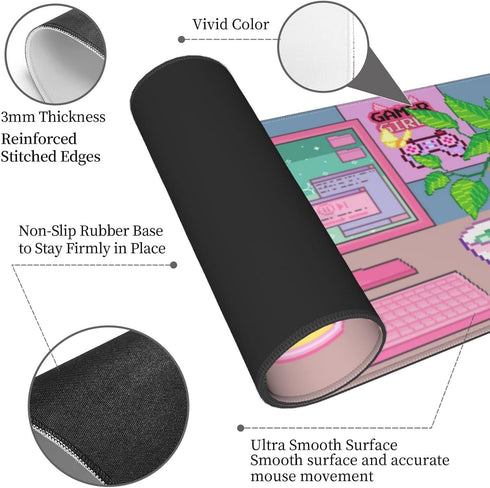 Pixel Pink Computer Mouse Pad, Extended XL Gaming Mice Pad with Stitched Edges, 31.5 X 11.8 Inch