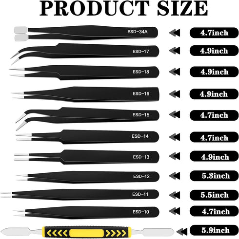 11 PCS Precision Tweezers Set, ESD Anti-Static Stainless Steel Tweezers for Lab and DIY