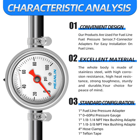 MEANLIN MEASURE 0-100Psi Pressure Gauge: Stainless Steel Glycerin Filled with 1/8" NPT 1.5" Face Dial, 9 Pieces Kit