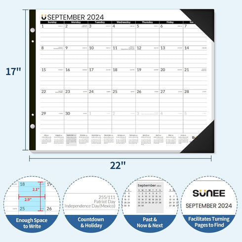 SUNEE 2024-2025 Desk Calendar - Large 22x17 Blotter Pad for Desktop, 18 Months Calendar, Black