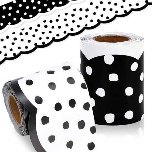 Whaline 65.6ft Dot Bulletin Board Borders, White Black Dot Die-Cut Rolled Trim for School Office Decoration