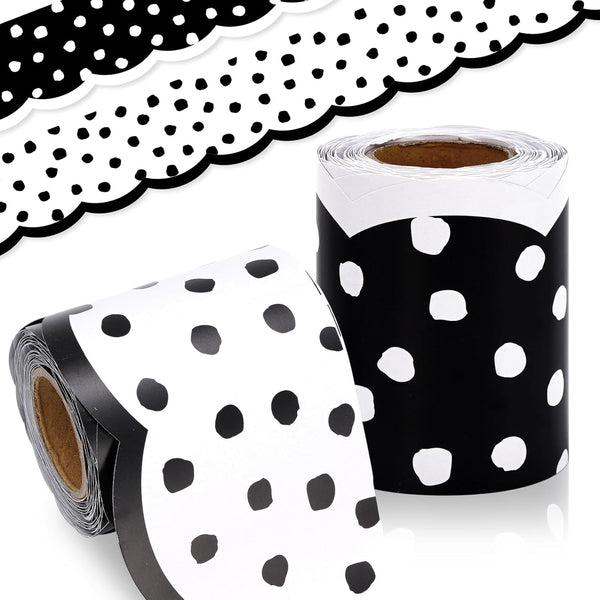 Whaline 65.6ft Dot Bulletin Board Borders, White Black Dot Die-Cut Rolled Trim for School Office Decoration