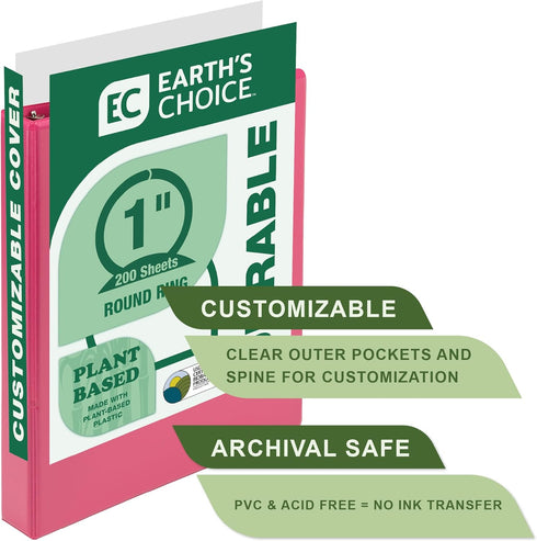 Samsill Earth’s Choice Biobased 1 Inch Durable 3 Ring Binders, Fashion Clear View, Assorted 4 Pack, Up to 25% Plant