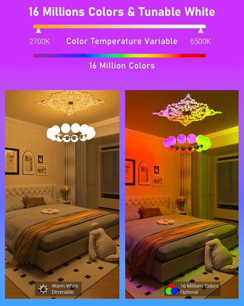 Matter Smart Light Bulbs, Full Spectrum Light Bulb, WiFi LED Light Bulb, 16 Million Colors RGBWW, App & Voice Control,