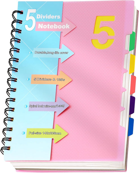 CAGIE 5 Subject Notebooks - College Ruled Spiral Notebook 5x7 with Divider Tabs, 220 Pages, A5 Pink Spiral Notebook for