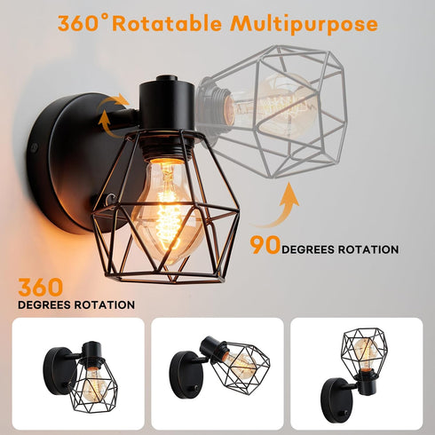 Dimmer LG9933941 Lightess Black Wall Sconce with ON Off Switch, Adjustable Head Vintage Cage Wall Mount Light Fixture