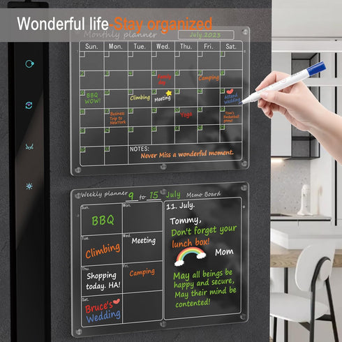 Magnetic Acrylic Calendar for Fridge, 2 Pack 12"x16" Clear Dry Erase Magnetic Planning Boards with Markers