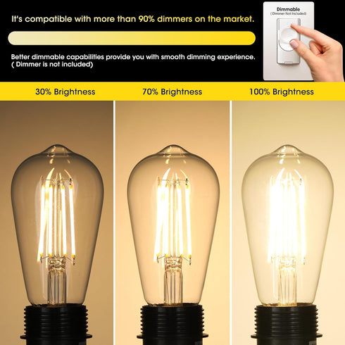 Vintage LED Edison Bulbs, 6W, 60W Equivalent, Dimmable, Warm White 2700K, ST58 Antique LED Filament, Pack of 4