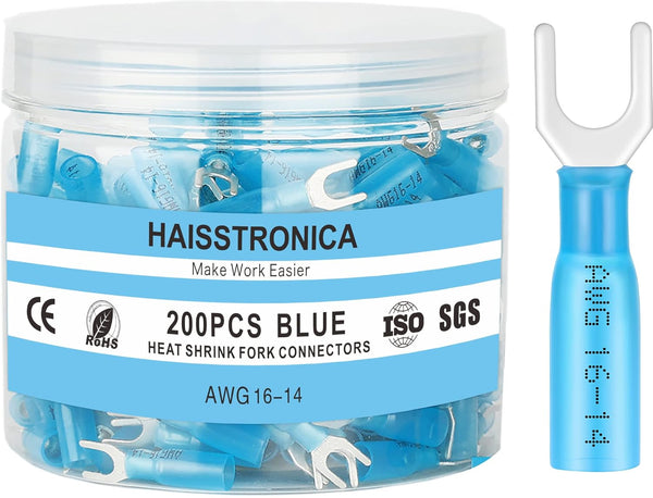 Haisstronica 200PCS Heat Shrink Fork Spade Connectors #10 - U-Type Blue 16-14 Gauge Waterproof Marine Grade