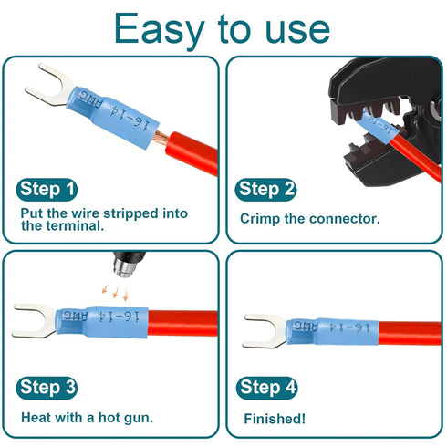 100PCS #10 Fork Connectors, 16-14 Gauge Tinned Copper Fork Terminals Waterproof Heat Shrink