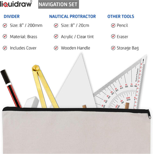 Set 6 Set 8" Liquidraw Marine Navigation of | Universal Nautical Protractor Squares with Solid Brass Divider, Pencil