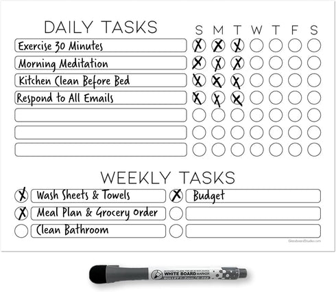 Dry Erase Whiteboard Task Planner by Glassboard Studio | Removable and Restickable Adhesive Decal | Fine-Tip Magnetic Marker Included (9 x 12 inches, White) by Glassboard Studio