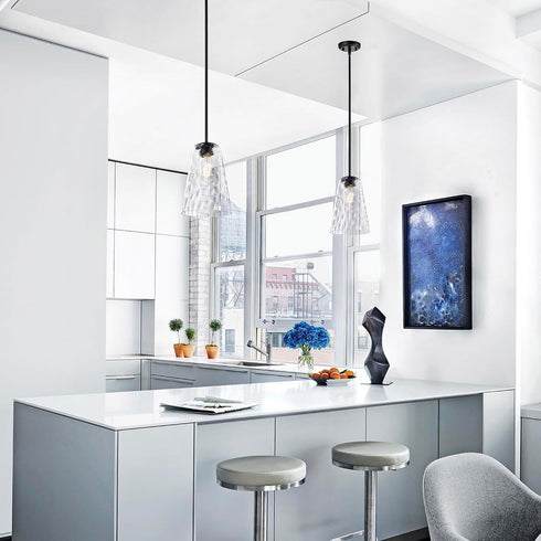 8 1-Light Hammered Edvivi Matte Black Pendant Light, in. Mini Hanging Light Fixture with Glass Shade, Adjustable
