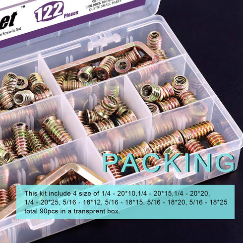Swpeet 122Pcs Carbon Steel Color Zinc Plated Furniture Screw in Nut Threaded Wood Inserts Bolt Fastener Connector