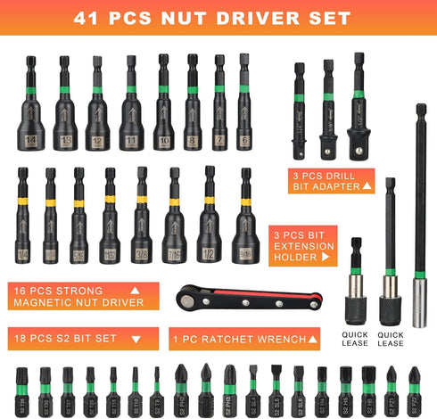 41 Set, 1/4" AEROFORCE PCS Magnetic Nut Driver Impact Drill Driver Bit Hex Shank, SAE & Metric Cr-V Steel Power Nut