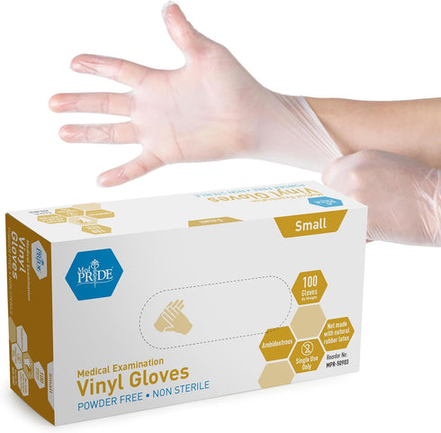 MedPride Powder-Free Vinyl Exam Gloves, Small, Box of 100