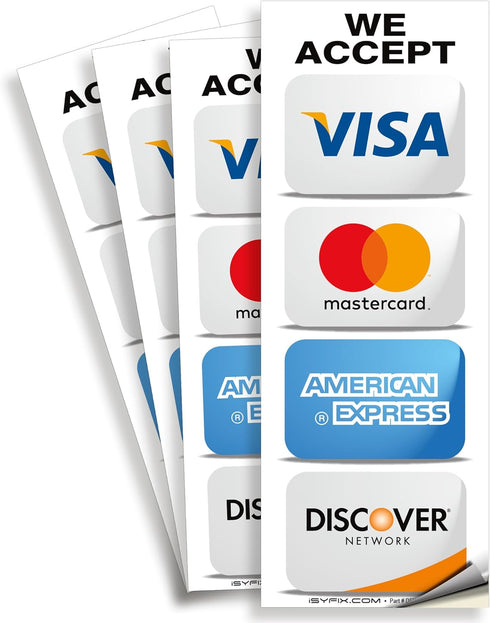 iSYFIX Credit Card Sticker Signs - 4 Pack, 3 x 8 Inch, We Accept Visa, MasterCard, Amex & Discover