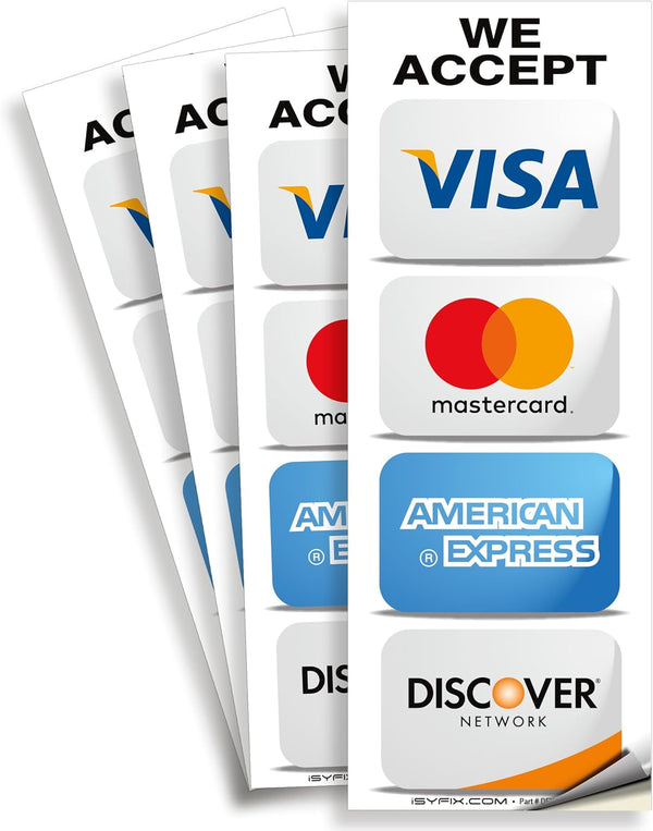 iSYFIX Credit Card Sticker Signs - 4 Pack, 3 x 8 Inch, We Accept Visa, MasterCard, Amex & Discover