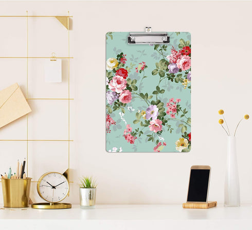 Hongri Wooden Clipboard, Fashion Design Clip Board for Classroom, Standard Letter Size 9 x 12.5 in, Green Peony