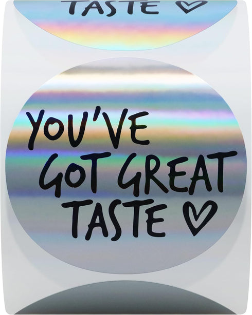Hybsk Great Taste Holographic Silver & Black Ink Business Stickers, 300pc Round 2" Labels