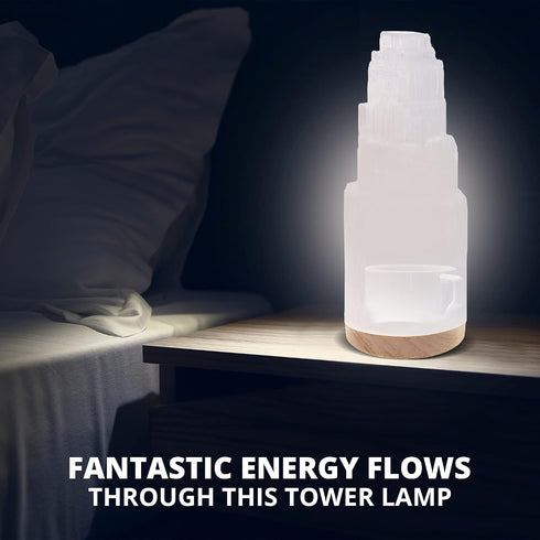 20 cm Selenite Crystal Lamp, Tall, High Energy Skyscraper Lamp with Wooden Base & USB Charging Cable, ETL Certified