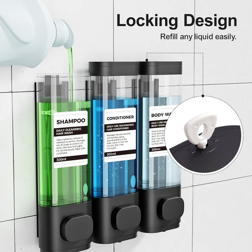 3-Chamber Wall Mounted Shampoo and Conditioner Dispenser - 300ML Each, Easy Refill, No Drip for Bathroom