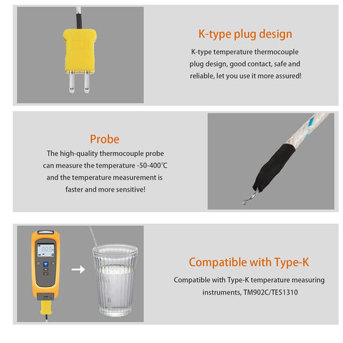 10 Pieces 3 Meters K Type Mini-Connector Thermocouple Temperature Probe Sensor, Compatible with TM902C/TES1310