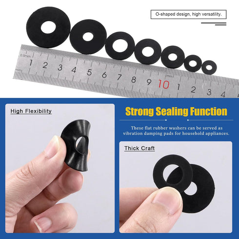 Glarks 175Pcs Flat Rubber Washers Assortment Kit, 10/12/16/18/20/25/30mm Heavy Duty Black Rubber Washers