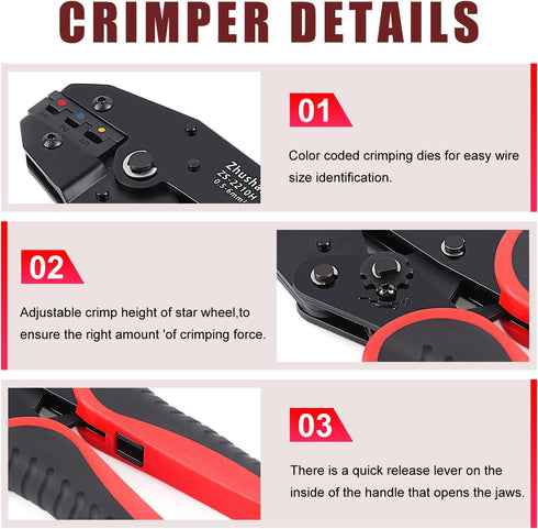 Zhushan Heat Shrink Connector Crimping Tool, AWG 22-10, Ratcheting Terminal Crimper for Electrical Wire