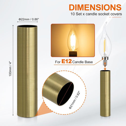 4" 10Pcs E12 Bulb PATIKIL Tall Candle Covers Sleeves, Metal Chandelier Socket Sleeves with Insulation Heat Shrinkable