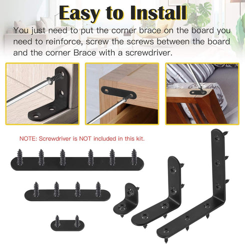 Mardatt 24 Sets (20/50/100mm,40/100/160mm) Black Corner Braces L Brackets and Straight Braces Mending Plates Heavy Duty