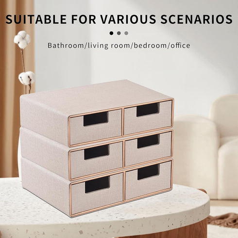 Linen Leather Desk Organizer with Drawers, Mini Stackable Desktop Storage Box for Office Supplies, Toiletries (Beige,