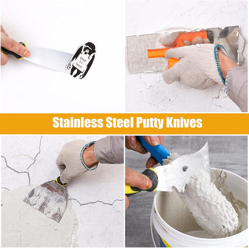 Set, 8 12" DEKEones Drywall Knife Pieces Stainless Steel Drywall Hand Tool Kit Includes Taping Knives, Putty Knives