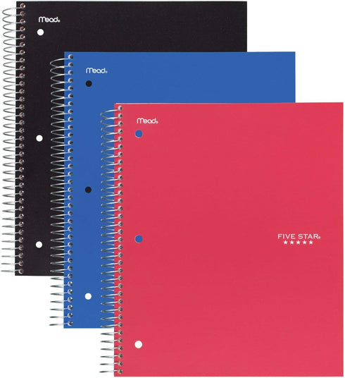 Five Star Spiral Notebooks, 1 Subject, 100 Sheets, Wide Ruled Paper, 3 Pack, Red, Black, Blue
