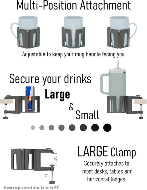 Original Large Desk Cup Holder Clamp - Anti-Spill Cup Holder Mount for Table, Office & Gaming Setup, Multi-Directional