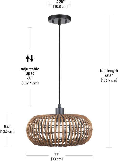 61063 1-Light GLOBE Electric x Novogratz Pendant Light Fixture, Rattan Shade, Black Socket, Braided Fabric Cord, Living