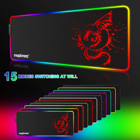 RGB Gaming Mouse Pad, Anime Dragon Mousepad Mat with 15 Lighting Modes, 31.5 X 12 Inch (Red)