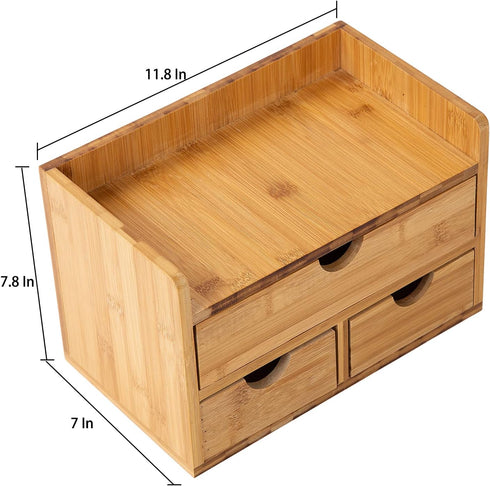 VERGOODR Rustic Distressed White 3-Tier Bamboo Desk Organizer with 3 Drawers, Mini Storage Shelf for Office Supplies