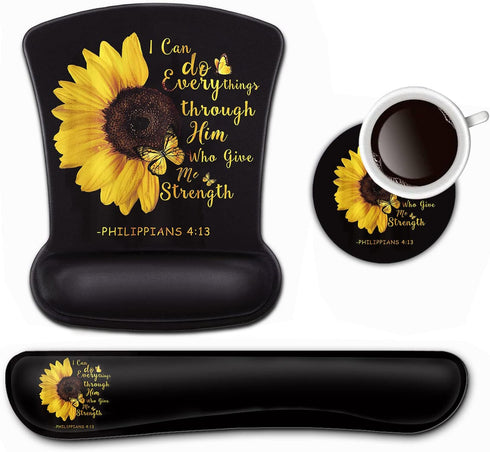 Keyboard Wrist Rest and Mouse Pad Support Set, Bible Verse Philippians 4:13 Sunflower Ergonomic Gel Mouse Pad, Easy