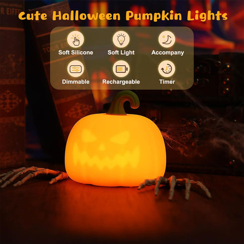 Dimmable VEEKI Pumpkin Night Light for Kids, Cute Halloween Pumpkin Lights Rechargeable with Timer, Silicone Lamp