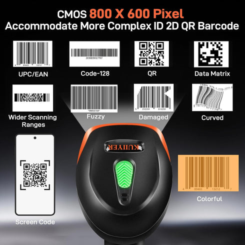 KUIIYER Bluetooth Barcode Scanner, Wireless 2D QR 1D Handheld Barcode Reader, Plug & Play for Warehouse, Library