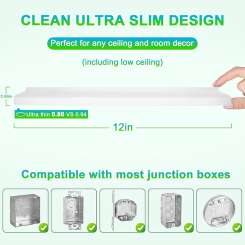 12 Inch 3200LM Dimmable 2-Pack 24W 2700K/3000K/4000K/5000K/6500K 5 LED Flush Mount Ceiling Lights, Ceiling Light