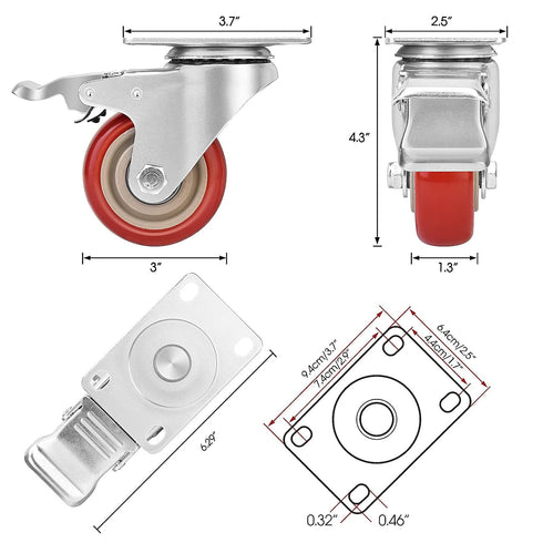 3 Inch Industrial Heavy Duty Swivel Caster Wheels, Set of 4 with Brake, Load Capacity 1600lbs for Various Applications