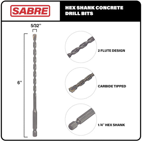 5/32 Inch x 6 Inch Masonry Drill Bit, Carbide Tipped 10-Pack for Concrete, Brick, Stone, 1/4” Hex Shank, Impact Performance (5/32" x 6", 10)
