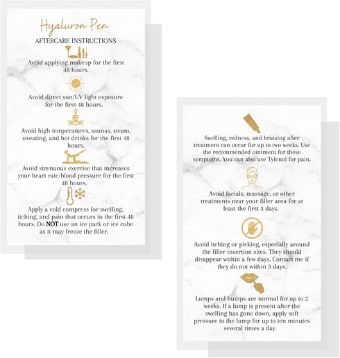 Hyaluron Pen Filler Aftercare Instruction Card, 50 Pack, Physical Printed Business Card Size, Marble Look Design