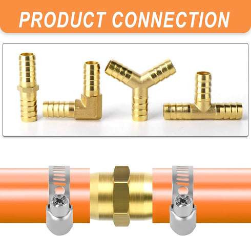 GASHER 8-Piece 3/8 Inch Brass Hose Barb Set - 90 Degree Elbow, Y-Shape Connector, Multi-Purpose Fuel/AIR/Water