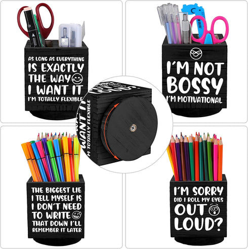 Wooden Spinning Pen Holder for Desk I'll Remember It Later Pencil Holder Cute Organizer Funny Desk Decor Pencil Case Art Supply Storage Box for Home Office (Black) by Outus