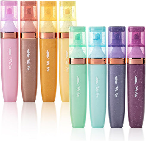 Mr. Pen Glitter Highlighters, 8 Pack, Chisel Tip in Pastel and Metallic Colors, Sparkly Aesthetic Highlighters