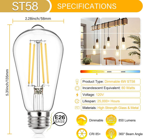 MAXvolador Vintage LED Edison Bulb Dimmable 60W Equivalent 850 Lumens, 6W Edison Light Bulbs 3000K, Antique ST58 LED Filament Bulb E26 Base, Pack of 4 by MAXvolador